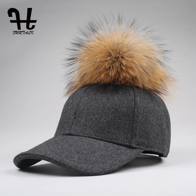 FURTALK мех snapback шерсть бейсболка большой пом шляпы весна зима Шляпа Регулируемые