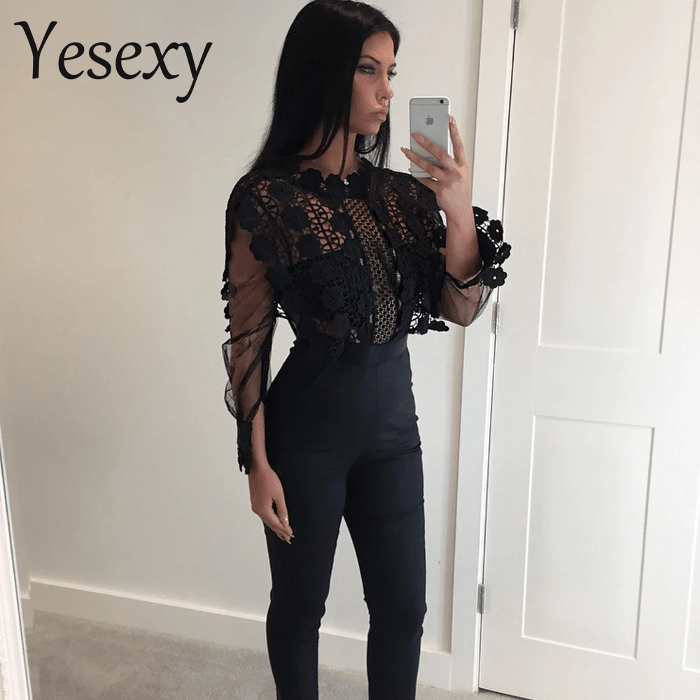 Yesexy сексуальный кружевной прозрачный сетчатый комбинезон с длинным рукавом, черный комбинезон VR9079