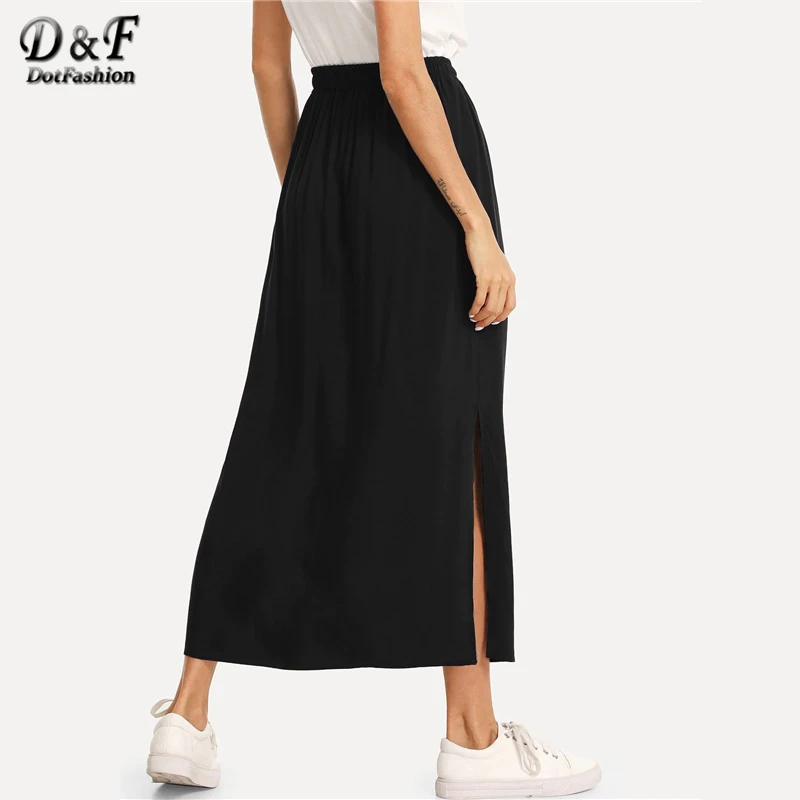 Dotfashion черная однотонная женская юбка с разрезом сбоку, уличная одежда, весна-осень, Повседневная модная юбка с высокой талией и разрезом