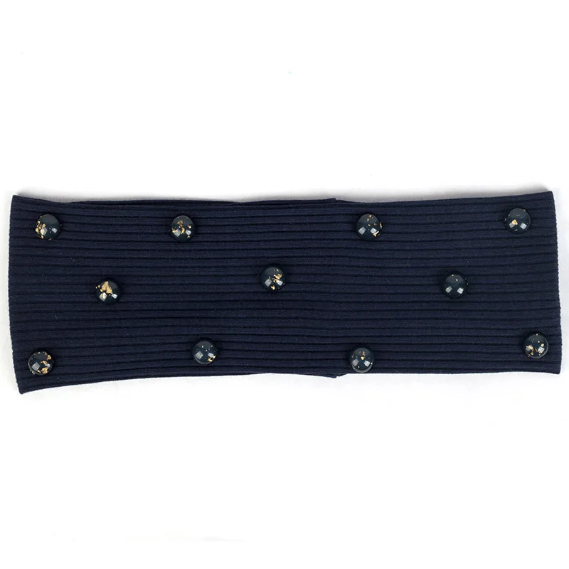 Navy Gray Модные женские повседневные ребристые эластичные повязки на голову Золотые Фольга аксессуары из стразов полосатые плоские повязки для волос для женщин тюрбан из хлопка - Цвет: Navy Gray