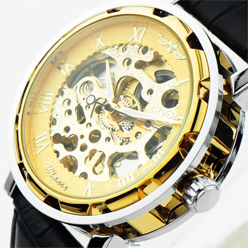 Winner-Herrenuhr-Selbstaufzug mechanische Uhr-Leder armbanduhr-Золотой | Электроника
