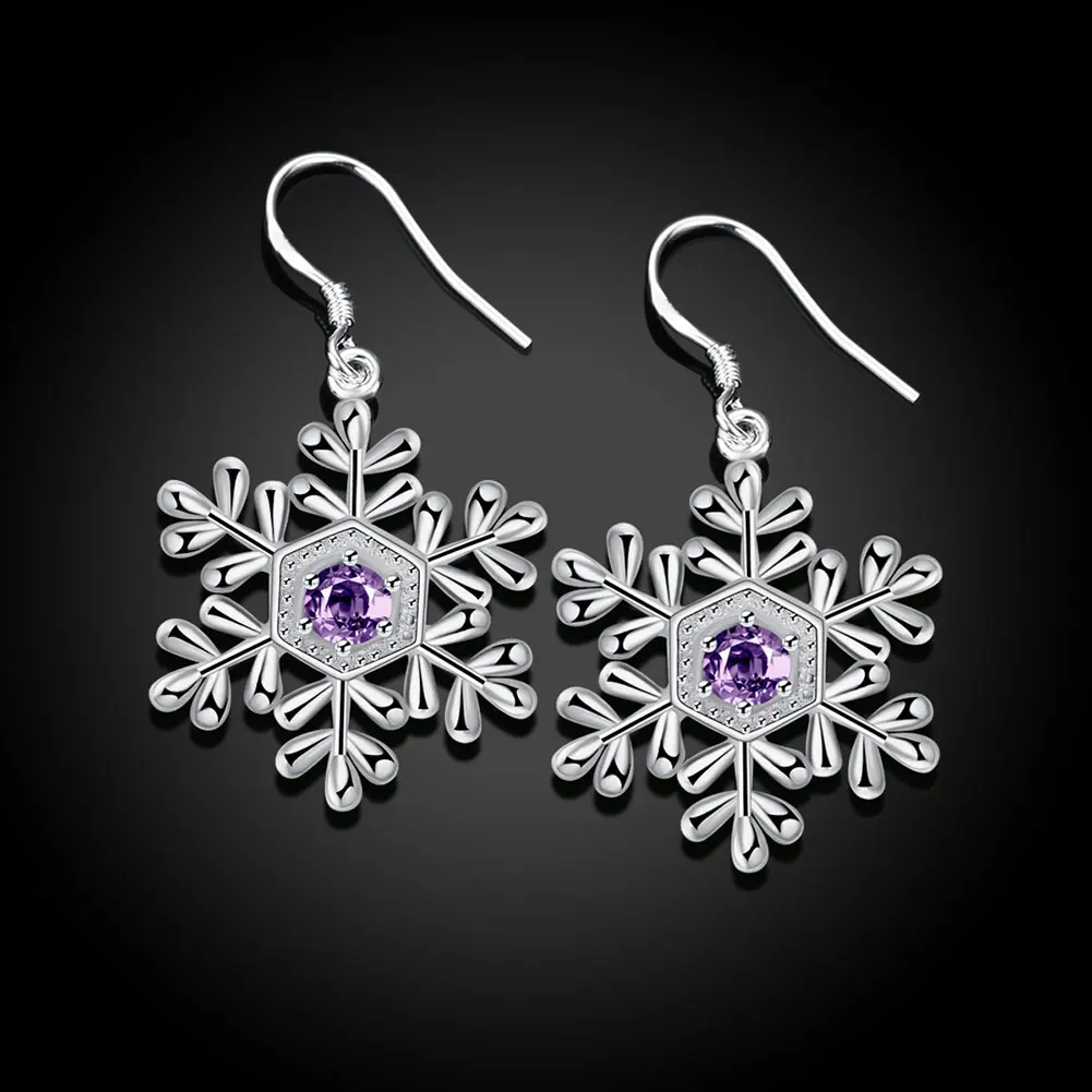 E740 Оптовая моды посеребренные серьги-гвоздики Snow Flake Серьги фиолетовый камень