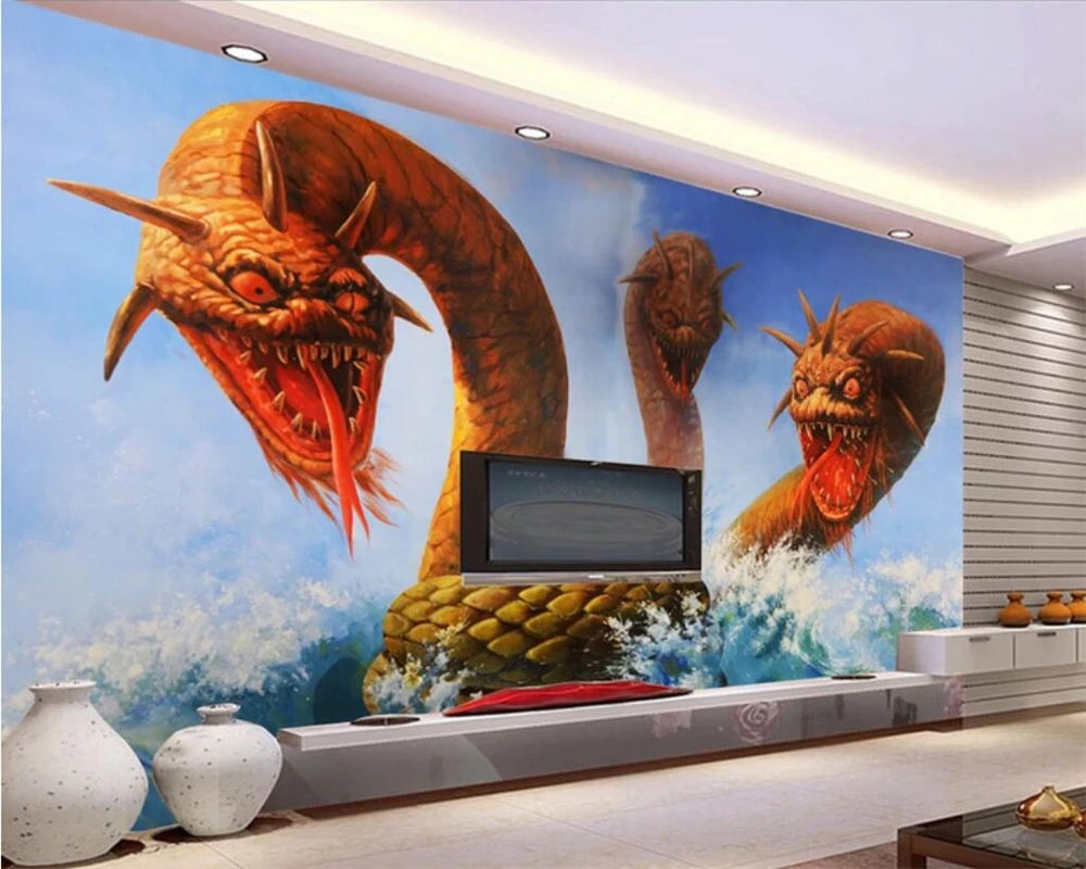 beibehang Custom photo wallpaper 3D stereo horror dragon 3 head sea snake TV background wall decoration silk mural | Обустройство