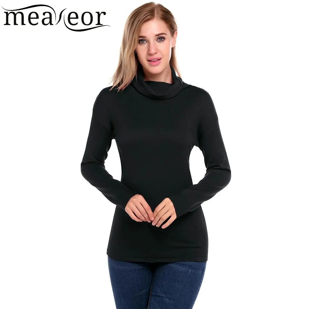 Meaneor New Women Sweaters Cowl Neck Long Sleeve Solid Loose Fashion 2017 Autumn Winter Elegant Slim Christmas Sweater | Женская одежда
