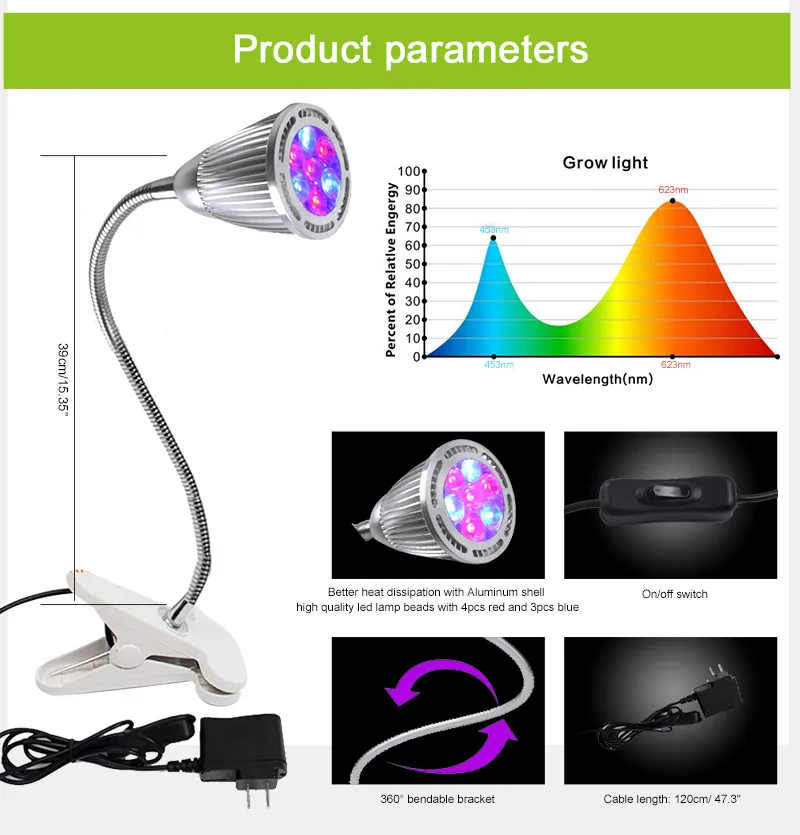 HOTOOK Светодиодные лампы для выращивания растений DIY 7W с гибким кронштейном и зажимом для стола для комнатных растений и цветов.