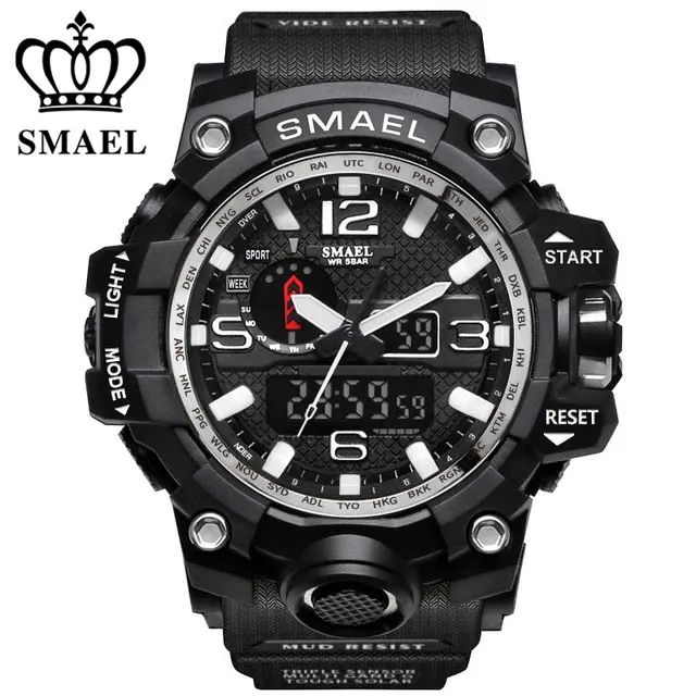 1545BKSR SMAEL бренд спортивные часы для мужчин Dual Time Камуфляж Военная Униформа часы для мужчин армия светодиодные цифровые наручные часы 50 м водонепроница - Цвет: 1545BKSR