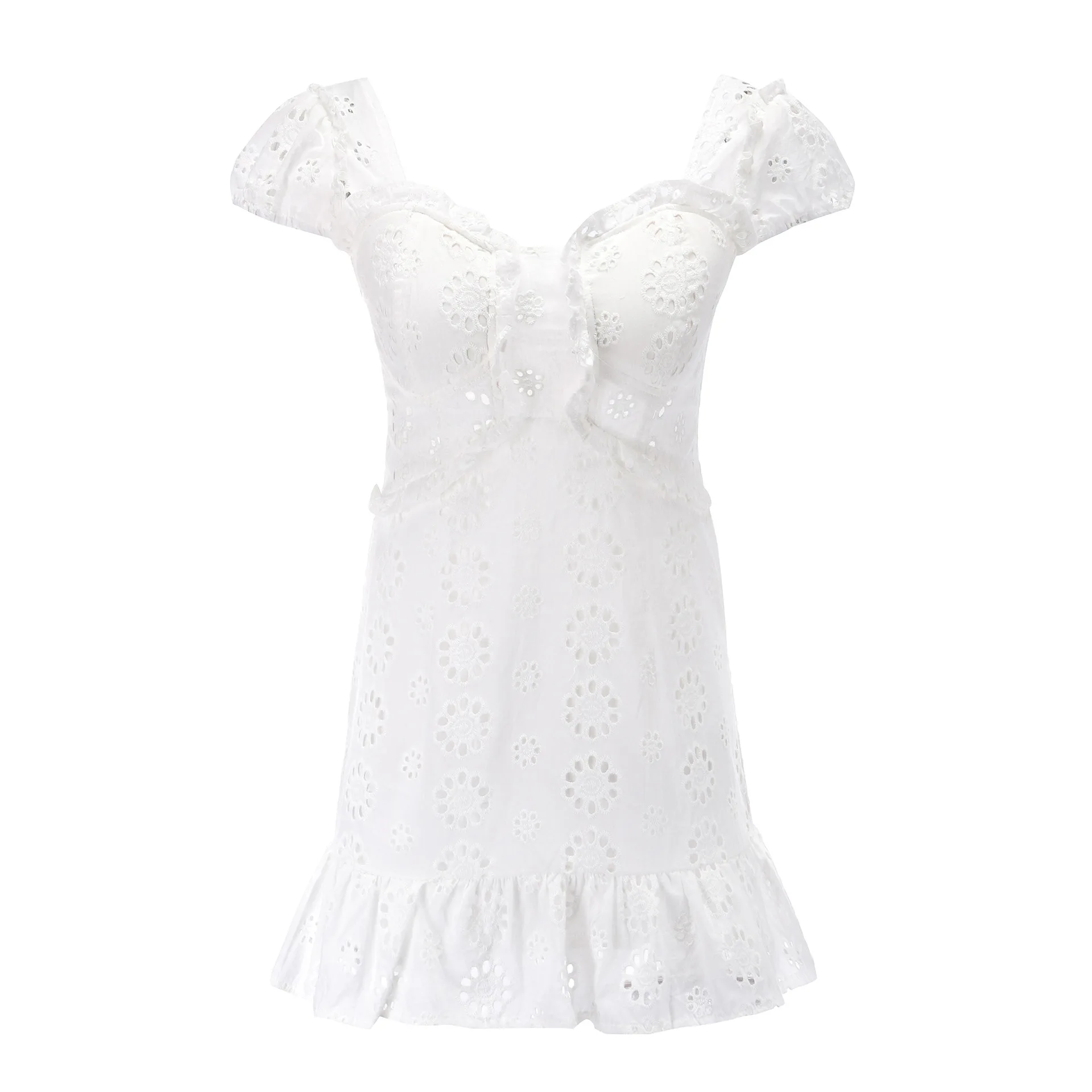 

Elegant lace floral ruffle dress women Summer lace up short daily dress female Sexy mini party beach dress vestidos