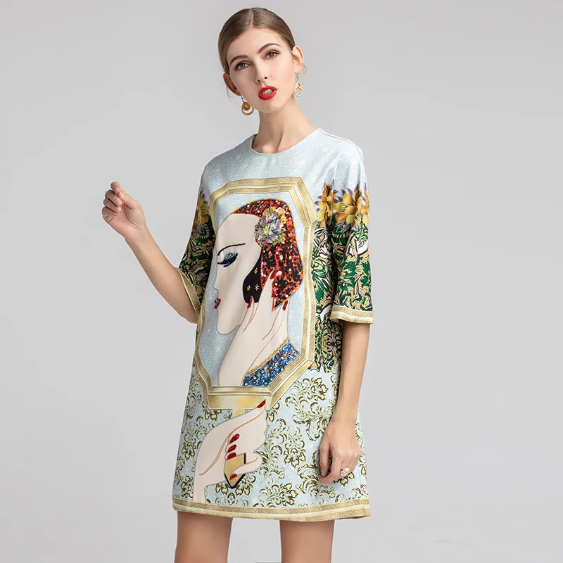 Женское прямое платье с принтом и бисером милое мини-платье выше колена рукавом