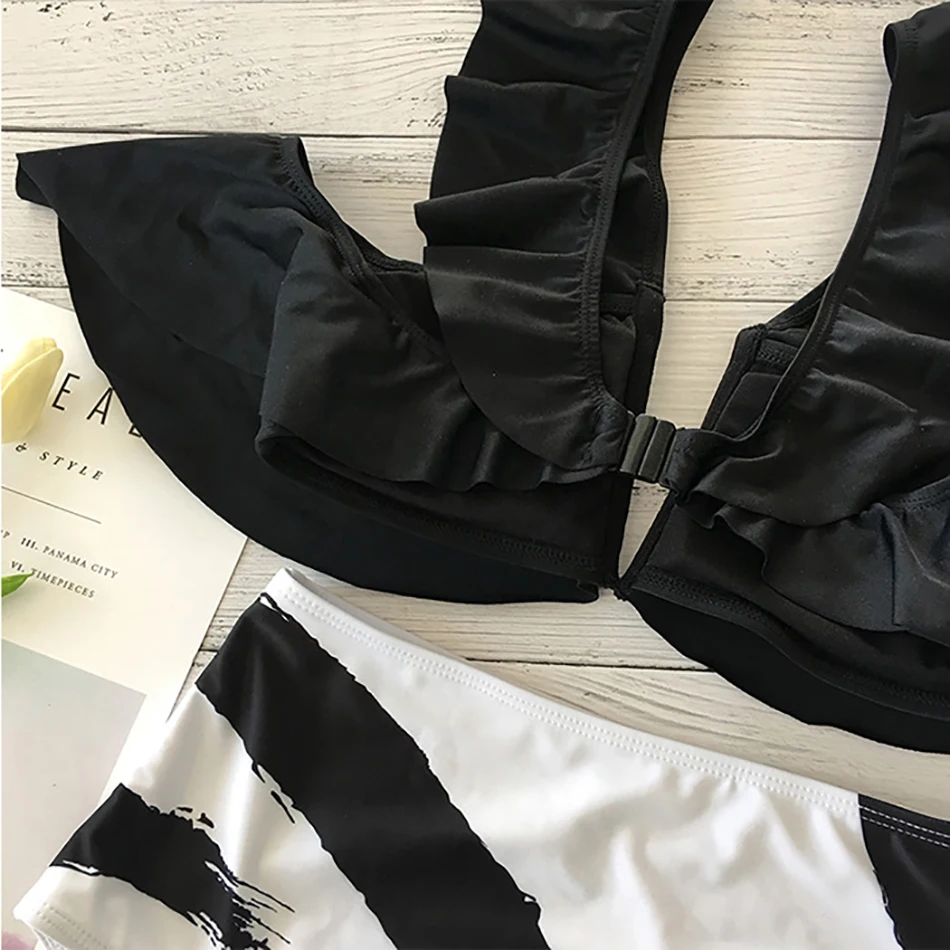 Сексуальный черный комплект бикини с рюшами и лямкой на шее женский купальник