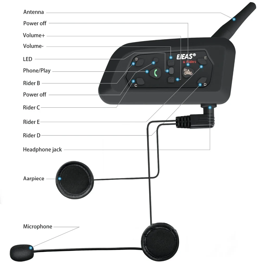 EJEAS V6 Pro 850 мАч Bluetooth мотоцикл коммуникатор шлем гарнитура с микрофоном 1200 м