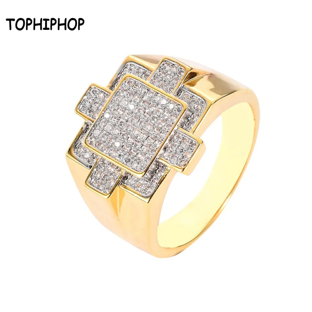 

TOPHIPHOP Hiphop Ice Out Micro Pave Cubic Zircon Geometry Ring Ice Out CZ Gold Men's Ring Fashion Hip Hop Jewelry as a Gift