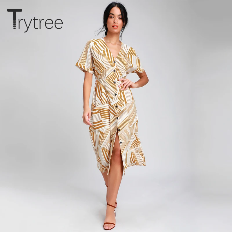 Trytree Лето Осень женское платье повседневное Полосатое с v образным вырезом