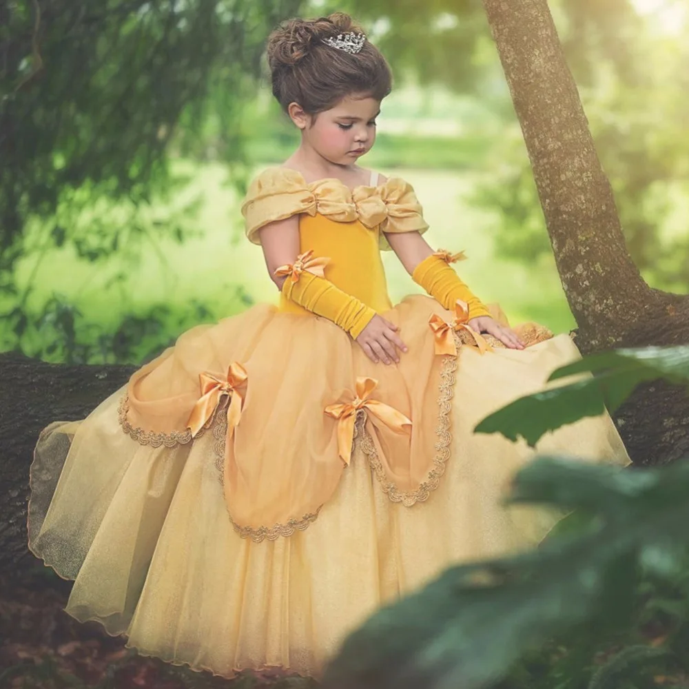 3-11T Girls Yellow Fancy Dress Children Beauty Beast Belle Princess Costumes Party Cosplay Cartoon Kids | Детская одежда и обувь