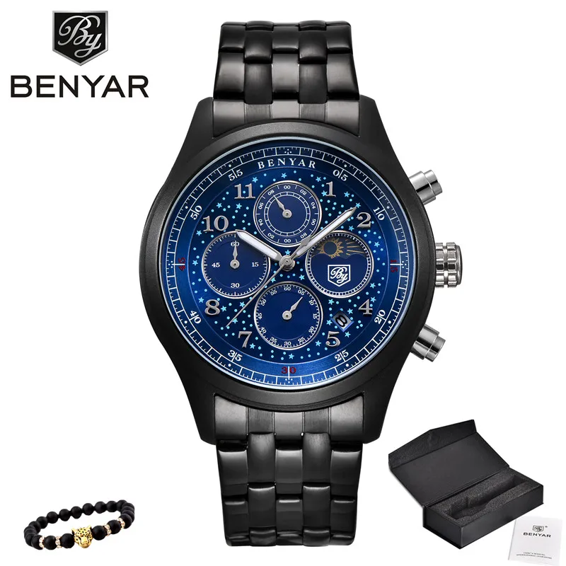 5122-G blue BENYAR Лидирующий бренд Роскошные мужские часы водонепроницаемые Moon Phase Дата кварцевые часы мужские кожаные спортивные наручные часы мужские водонепроницаемые часы - Цвет: 5122-G blue