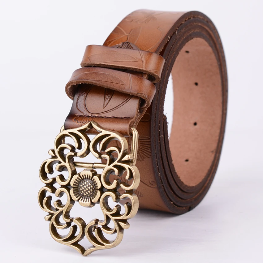Ремень из натуральной кожи Женский модный винтажный пояс с цветочной пряжкой