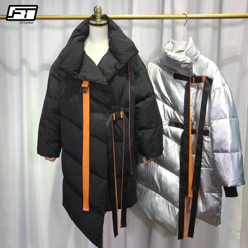 Fitaylor зима серебристый Черный пуховик Для женщин воротником под горло Белое