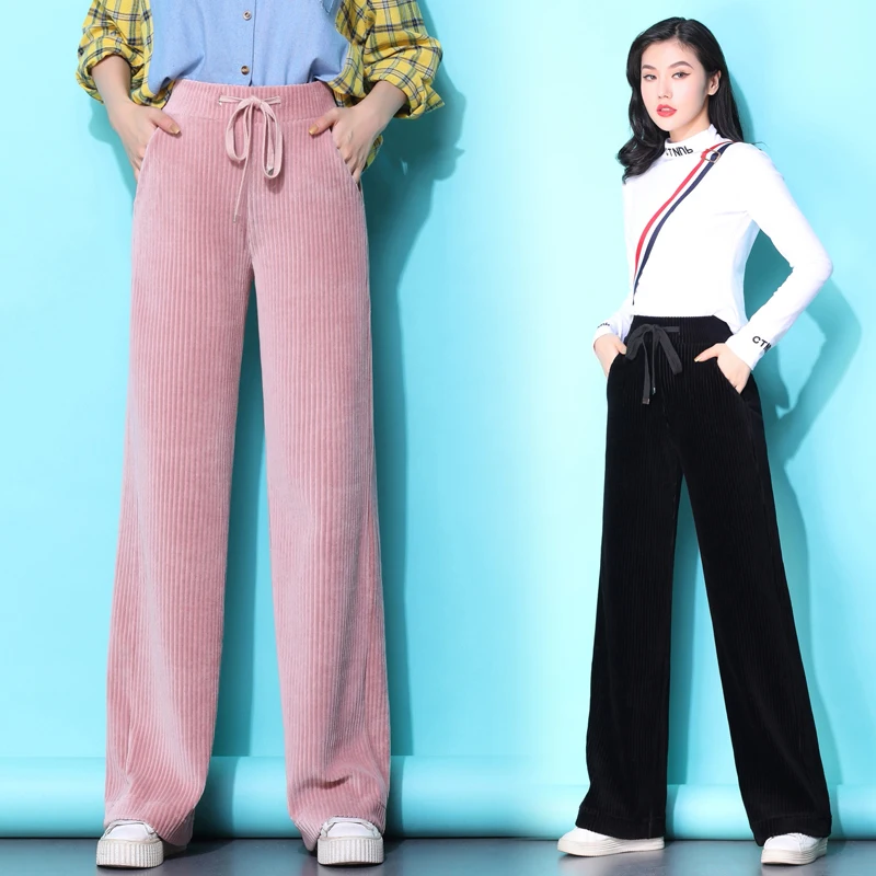 

New solid color corduroy women's spring and autumn retro high waist slim casual tie straight trousers pantalones mujer AL768