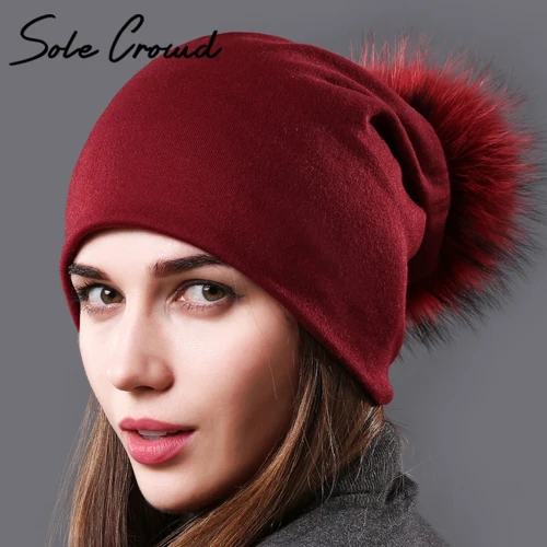 Red wine POMPOM Шапки с помпонами из натурального меха енота, осенние шапки skullies beanies, женские модные однотонные кепки, зимняя теплая Женская хлопковая шапка - Цвет: Red wine POMPOM