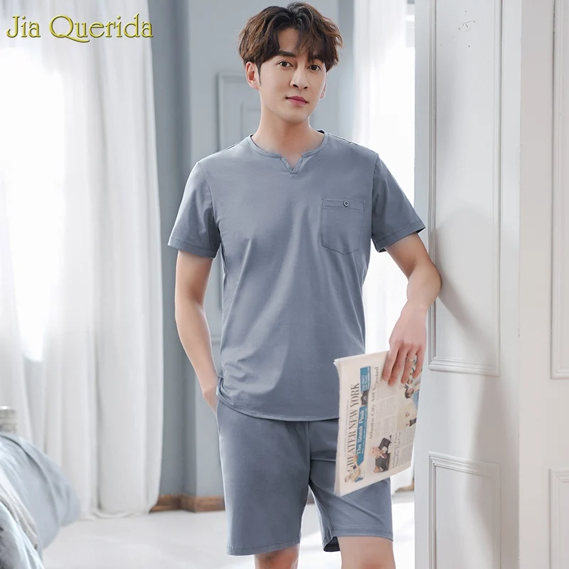 Пижама Мужская Летняя 2019 новая однотонная мужская пижама с коротким рукавом
