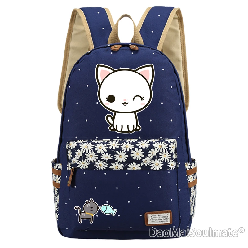 Dark Blue 2 Милые Мультяшные коты Студенческая школьная сумка для девочек милый кот девочки детский школьный рюкзак цветок ноутбук сумка девушка рюкзаки Mochila - Color: Dark Blue 2