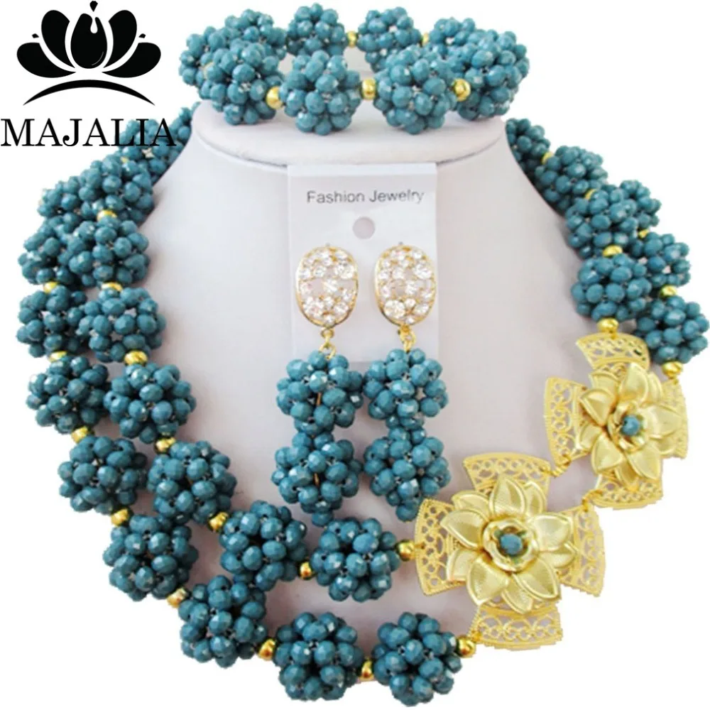 

Majalia Fashion Nigerian Wedding African Jewelry Set Opaque Navy blue Crystal Bead Necklace Bride Jewelry Sets 2JS0102