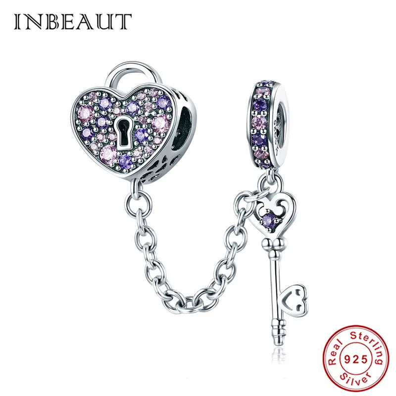 INBEAUT Foerver Love 925 пробы Серебряная цепочка для ключей с сердцем розовый и фиолетовый
