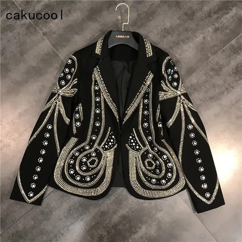 Cakucool Для женщин блестящая куртка с золотыми блестками; бомберы отложной воротник тяжелый пальто, украшенное бисером Повседневное в стиле панк, женская верхняя одежда, джинсовая куртка