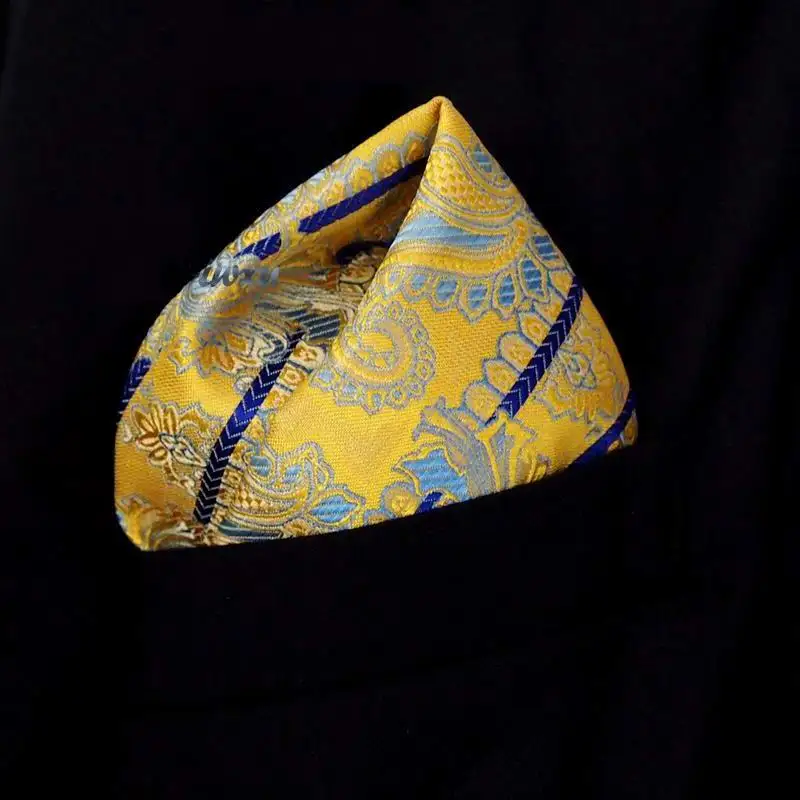 Бесплатная доставка Пейсли желтый синий бежевый шелк Hanky 100% мужской карманный