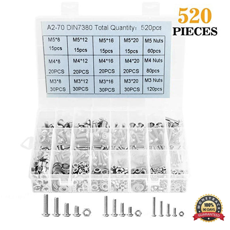 DIN7380 520 шт. 304 винты и гайки из нержавеющей стали M3 M4 M5 M6 Шестигранная головная