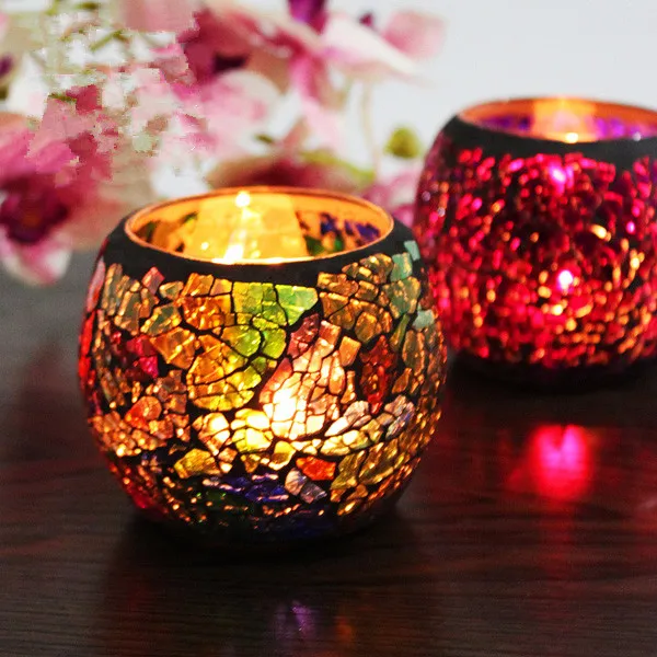 

European Retro Mosaic glass candle holders romantic candlelight dinner candles cup furnishing articles Wedding table props candl