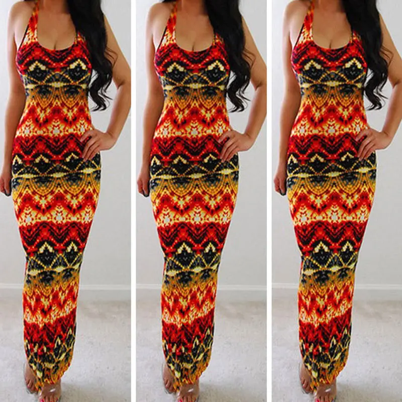 Женское длинное вечернее платье в стиле бохо Пляжное Платье макси с лямкой на шее