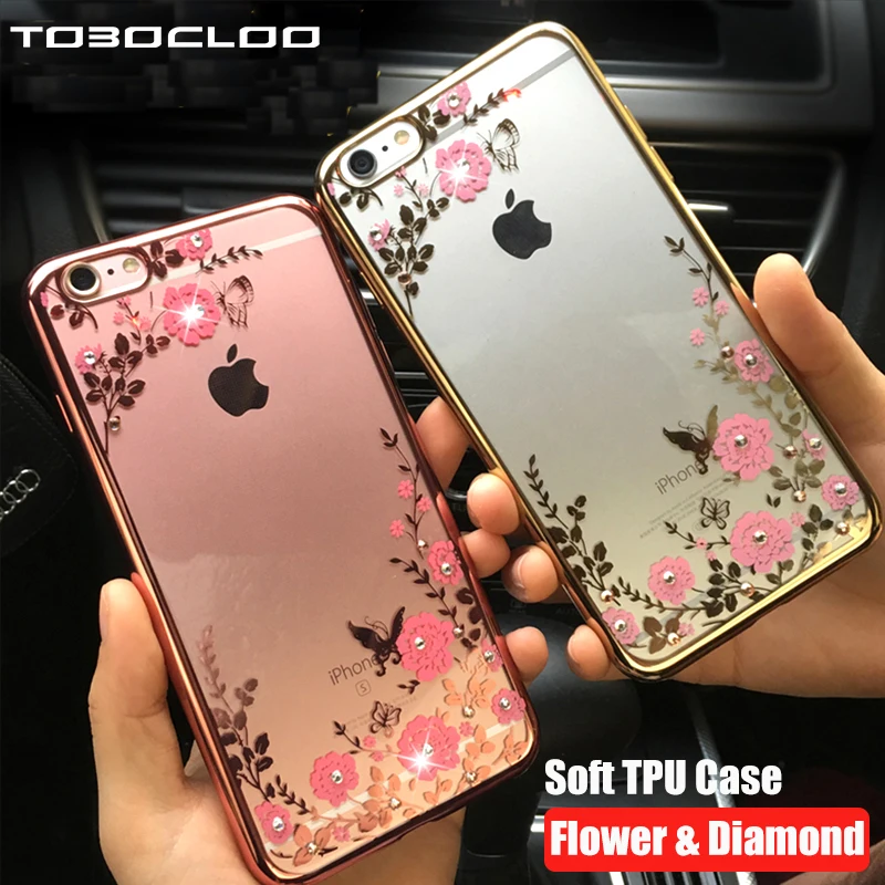 Мягкий ТПУ чехол с бриллиантами Tobocloo для iPhone 5 5S SE 6 s 7 8 X Plus блестящий