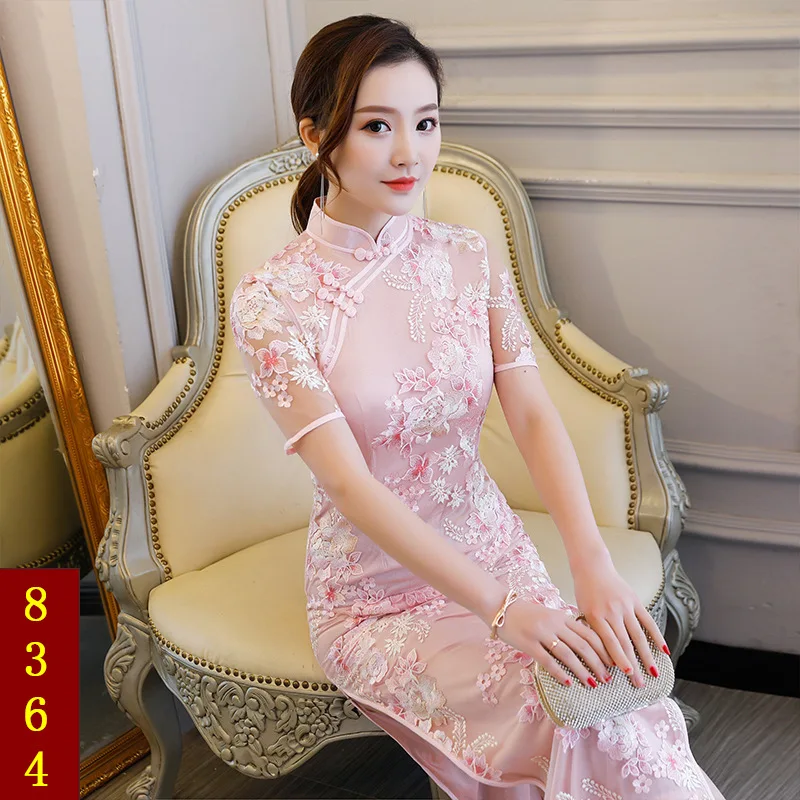 as picture Вышивка с длинным Cheongsam высокое Разделение кружева платье Чонсам Для женщин китайское традиционное платье ретро элегантность Вечеринка платья - Цвет: as picture