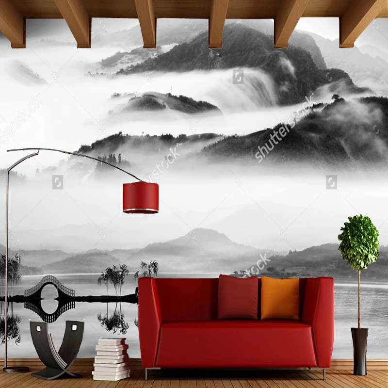 Обои с китайским пейзажем картина Горным озером ретро фрески для гостиной