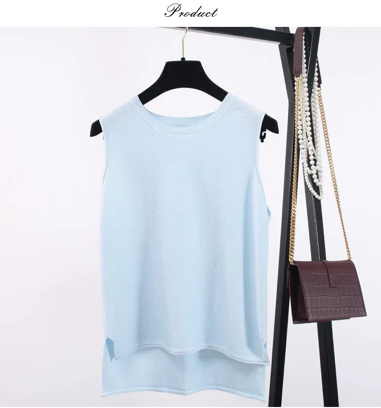 light blue Новая летняя Трикотажная майка с разрезом, Повседневная простая Свободная Женская модная винтажная блуза без рукавов ярких цветов, B-042 - Цвет: light blue