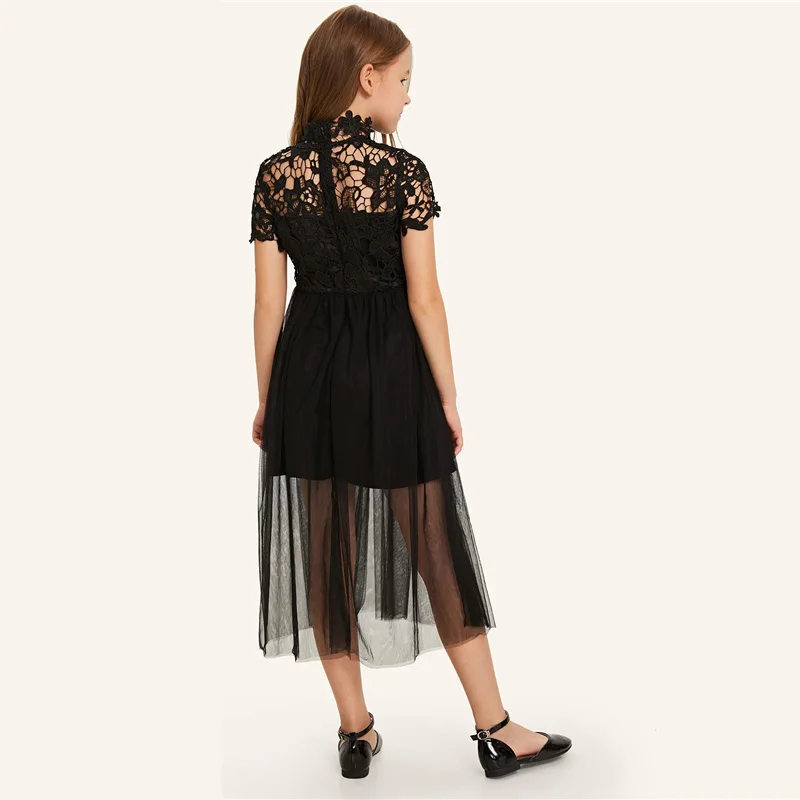 SHEIN Kiddie/черное платье со стоячим воротником и гипюровым корсетом для девочек, нарядное платье года, летние трапециевидные расклешенные Детские платья для девочек