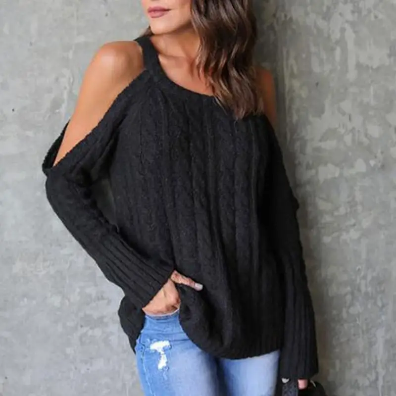 Open Shoulder Knitted Long Sleeve Women Pullovers Loose Twist Sweaters Casual Autumn Winter casacas para mujer christmas sweater | Женская