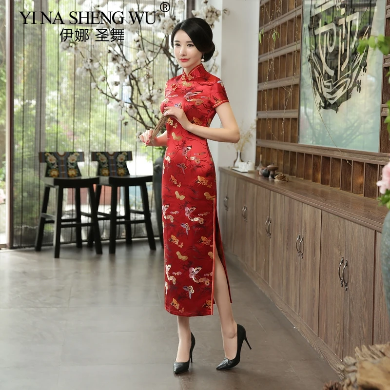 

Chinese Traditional Costume Long Section qipao Elegant Short Sleeved Retro Tang Suit Cheongsam Woman Wenhua Collar Slim Dress