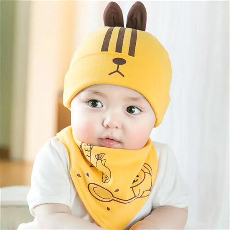 yellow cat Детский хлопковый костюм с шапкой и нагрудником Милая Хлопковая шапочка с ушками для маленьких мальчиков и девочек от 0 до 8 месяцев, bebe - Цвет: yellow cat
