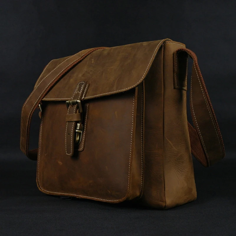 Vintage Crazy Horse Leather men Messenger Bag Genuine Leather Shoulder Bag men crossbody bag sling Leisure Bag Casual Brown