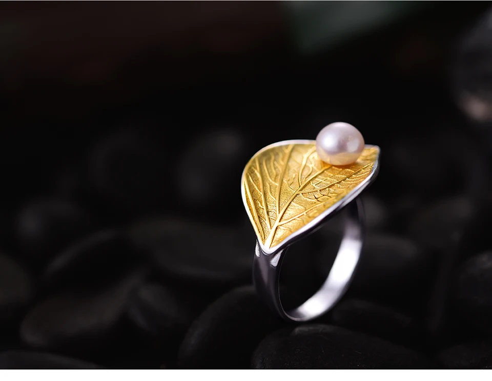 Lotus Fun Реальные Стерлингового Серебра 925 Натуральный Жемчуг Ручной Работы Дизайнера Ювелирных Украшений Творческий Открытым Кольцо Листьев Кольца для Женщин Bijoux
