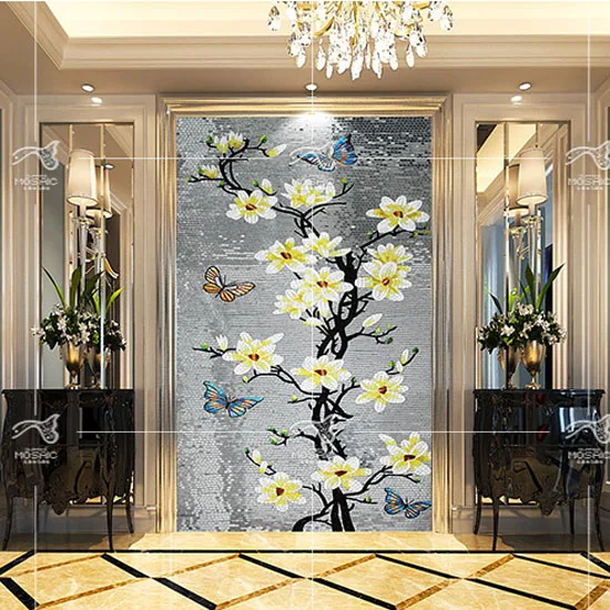 

Элегантный цветок стеклянная плитка узор мозаика стены Искусство серебро стеклянная плитка A4J021