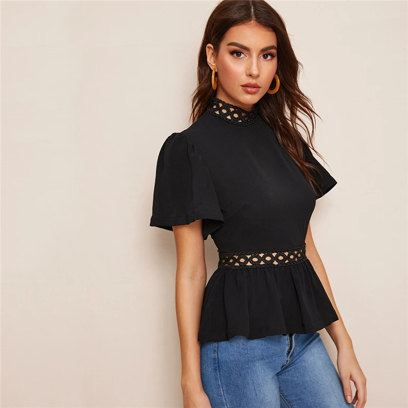 SHEIN модный топ с рукавами-крылышками и кружевной вставкой, элегантный однотонный топ с воротником-стойкой, летние женские блузки с коротким рукавом