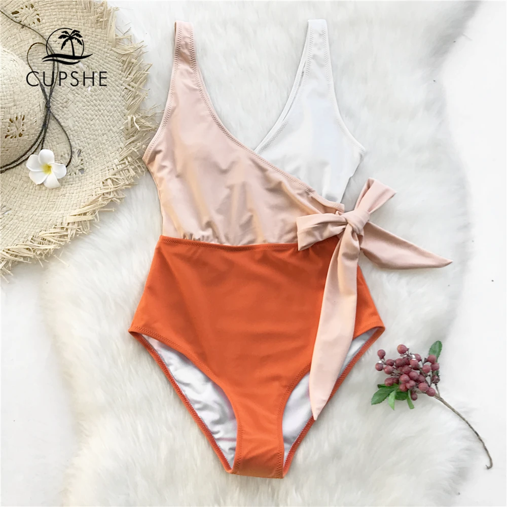 Cupshe оранжевый и белый купальник с цветными блоками Цельный для женщин лоскутный - Фото №1