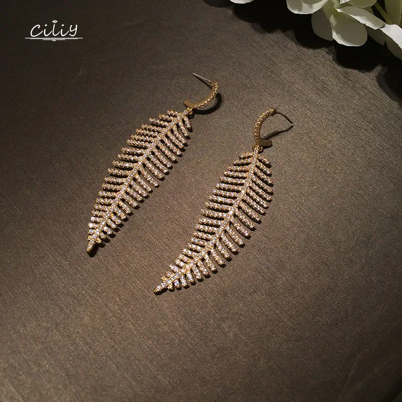 Женские Висячие серьги Ciliy золотистые с листьями ослепительные Свадебные