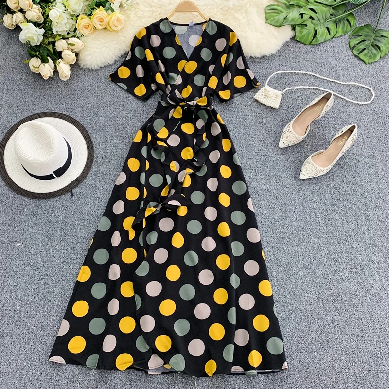 Женское длинное платье vestidos mujer новинка 2019 летнее в горошек с фруктовым принтом