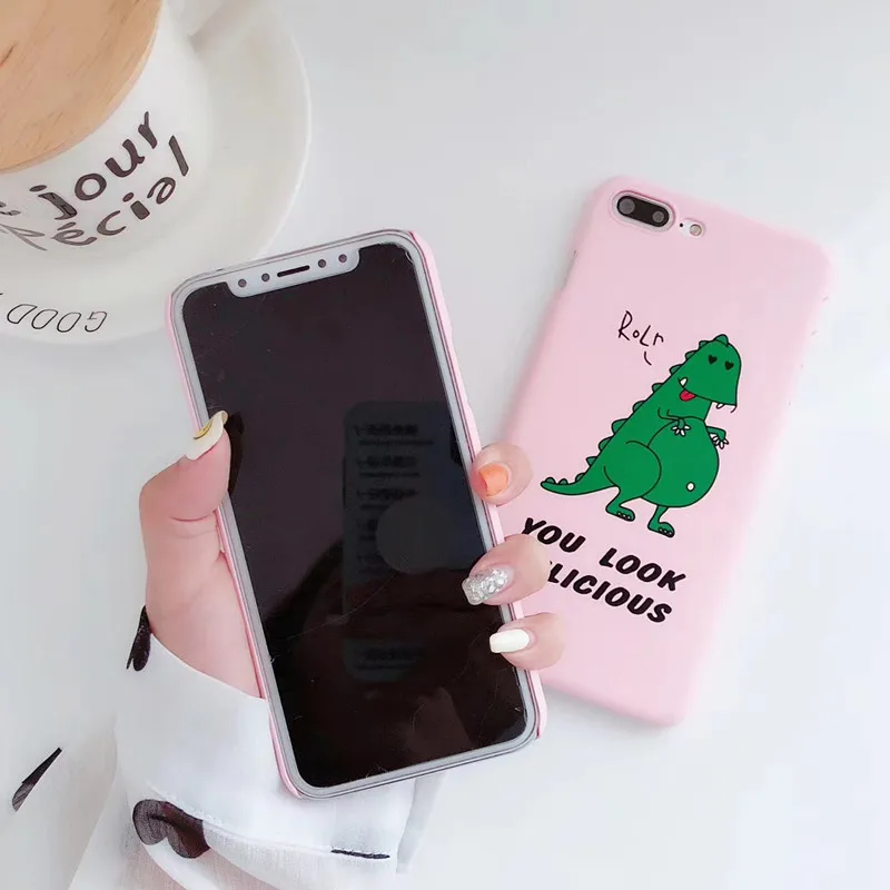 cute dinosaur Phone Case For iPhone 6 6s 7 8 Plus X XS Max XR green\yellow\pink Half pack Frosted pc hard covers accessories |