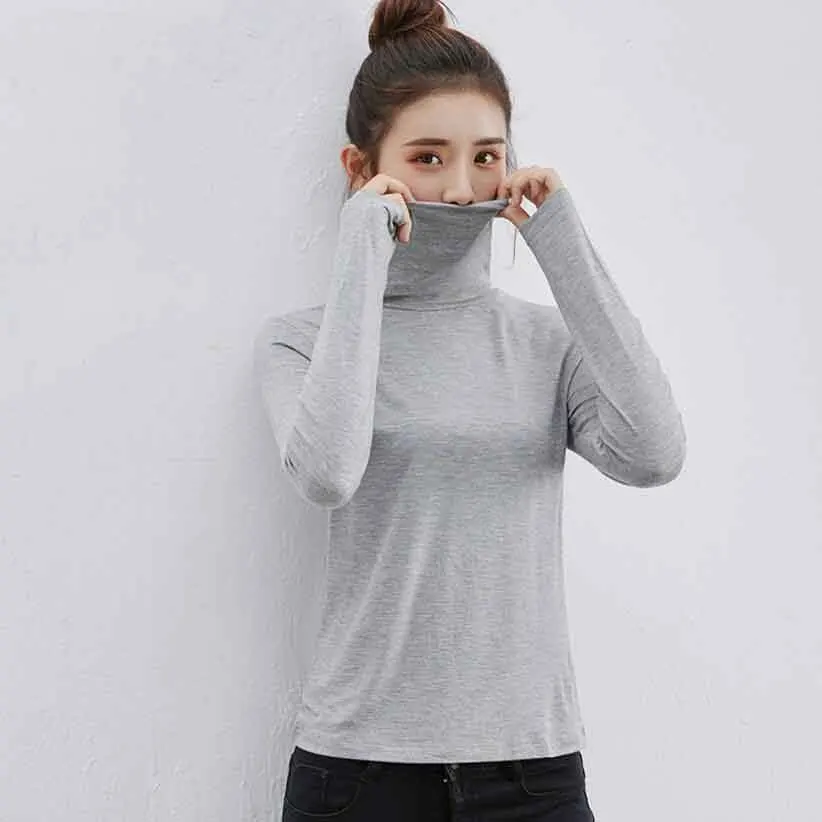 

2019 New Modal T shirt Women Turtlenek T-shirts For Women Fashion Long-sleeve T Shirt Woman Plus Size Female Slim Tops