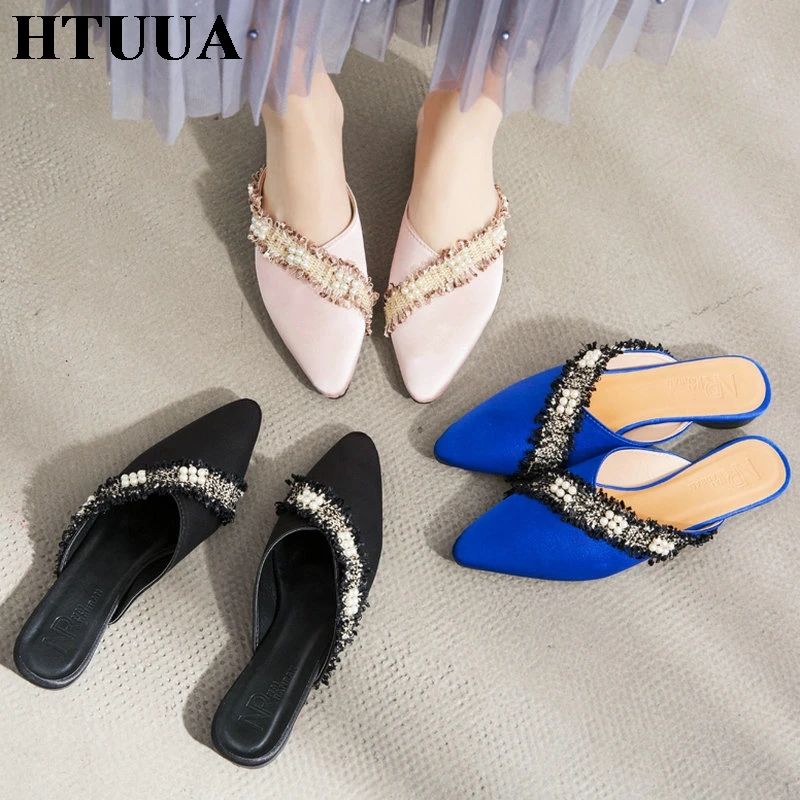 HTUUA/Удобная Шелковая обувь без шнуровки с жемчугом женские шлепанцы на каблуке