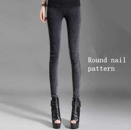 Round nail pattern Зимние Бархатные теплые леггинсы, штаны для фитнеса, джинсы, джеггинсы, Стрейчевые тонкие флисовые брюки-карандаш, женские черные леггинсы с эластичной резинкой на талии - Цвет: Round nail pattern